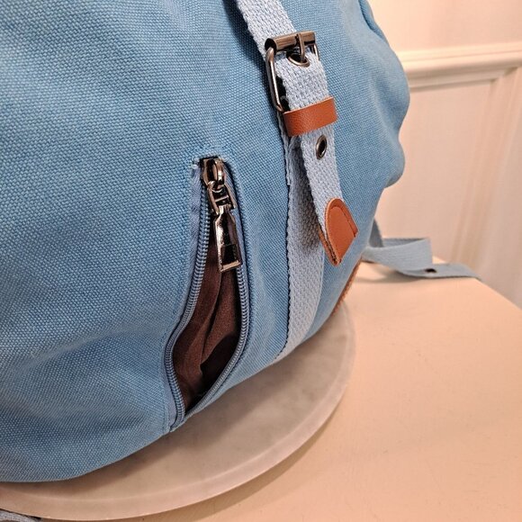 Light Blue Denim Backpack with Camel PU Trim, 2 Sections, Pockets, EUC main image 7